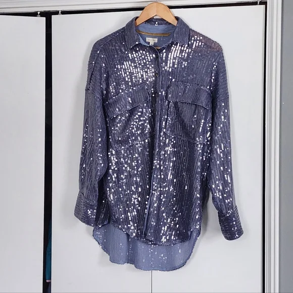 Pilcro Blue Long Sleeve Sequin Shirt - Picture 2 of 4